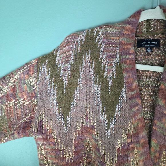Lucky Brand Sweater Cardigan Womens Medium Metallic Stitch Chevron Open Front - Picture 4 of 7